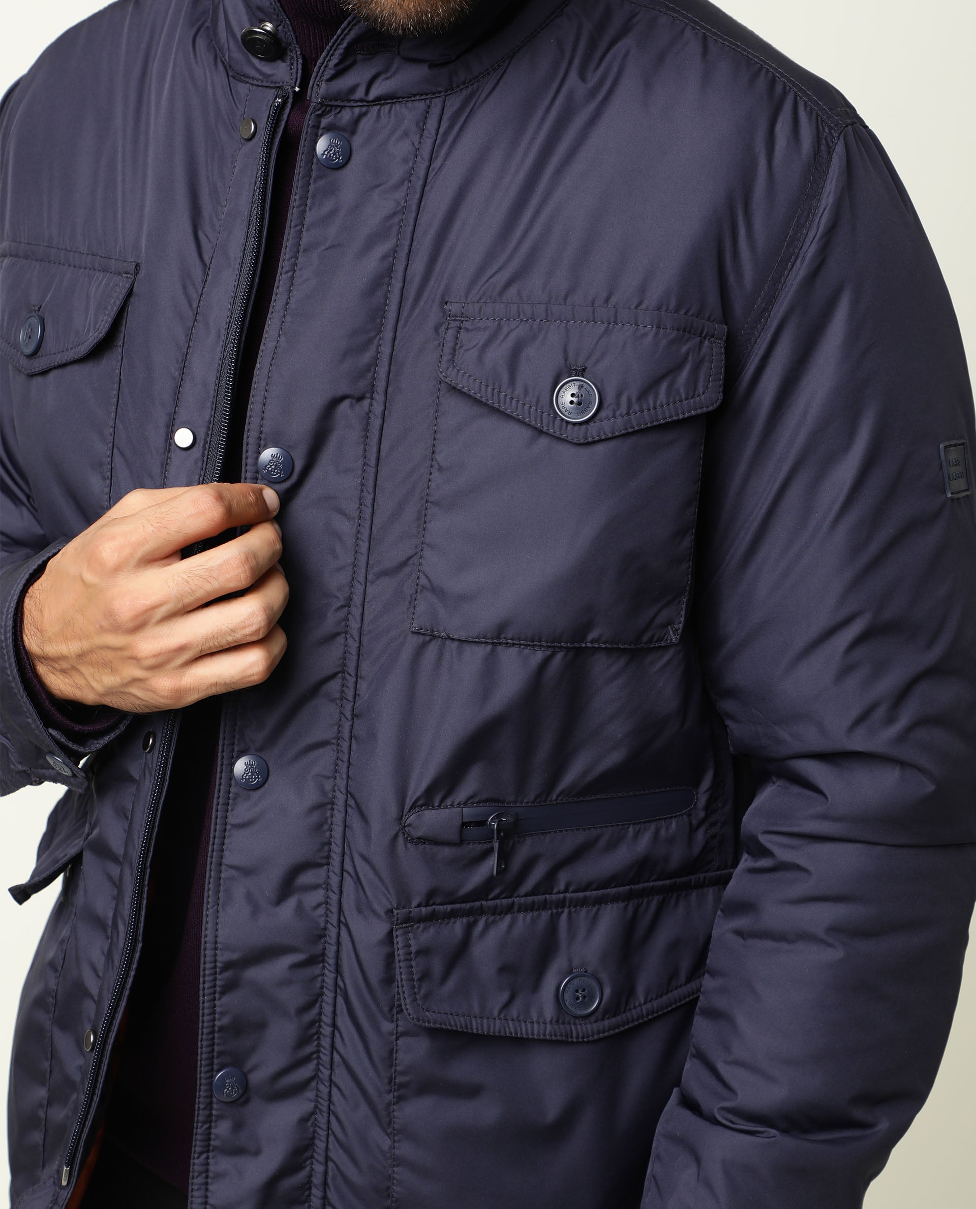 Rare Rabbit Men's Mass Navy Polyester Plain Relaxed Fit Full Sleeve Mandarin Collar Jacket