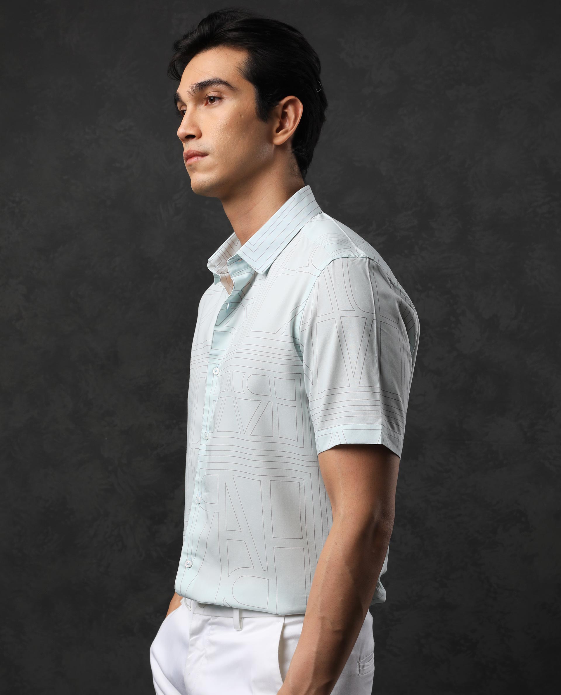Rare Rabbit Men's Malfor Ss Pastel Turq Viscose Statement Print Regular Fit Half Sleeve Collared Shirt