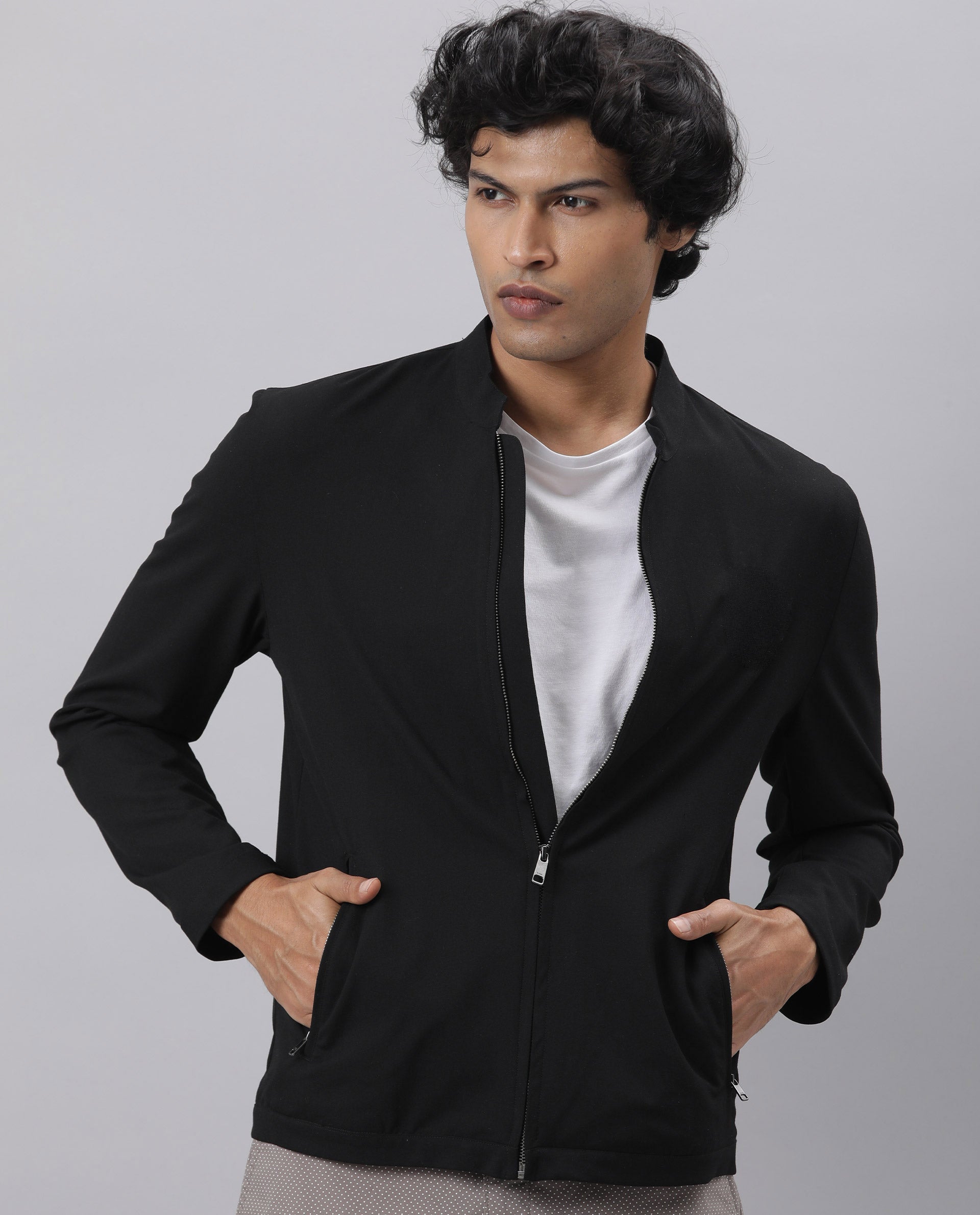 Rare Rabbit Men's Sign-2 Black Polyester Plain Slim Fit Full Sleeve High Neck Jacket