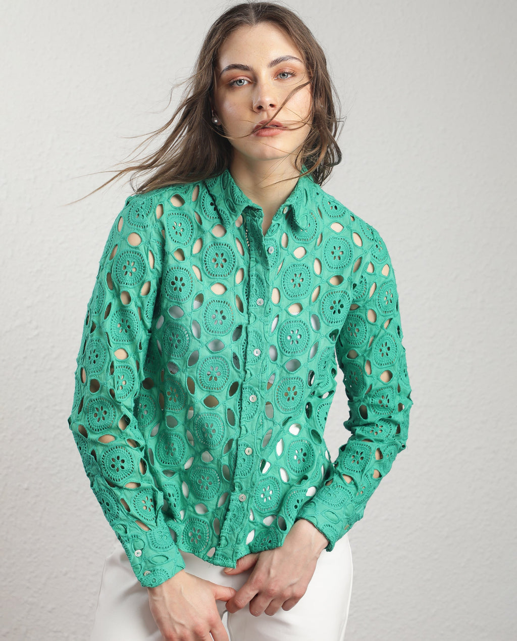 Rareism Women's Olivia Green Spread Collar Schiffli Knee Length Regular Fit Top