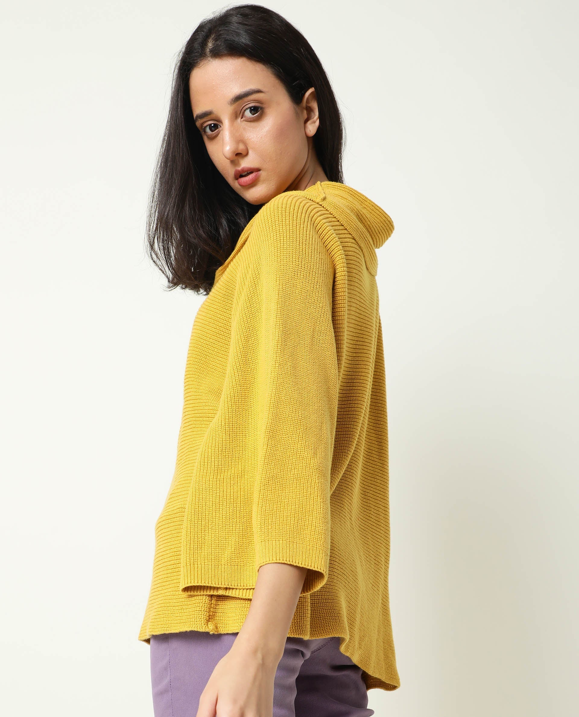 Rareism Women's Cleo Mustard Cowl Neck Plain Relaxed Fit Sweater