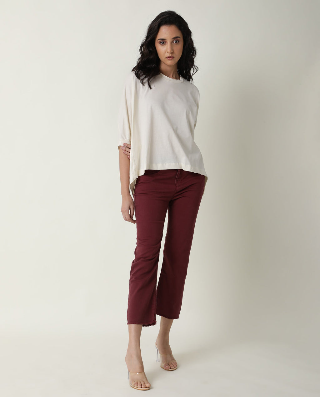 Rareism Women's Osmo Offwhite Cotton Crew Neck Plain Relaxed Fit Top