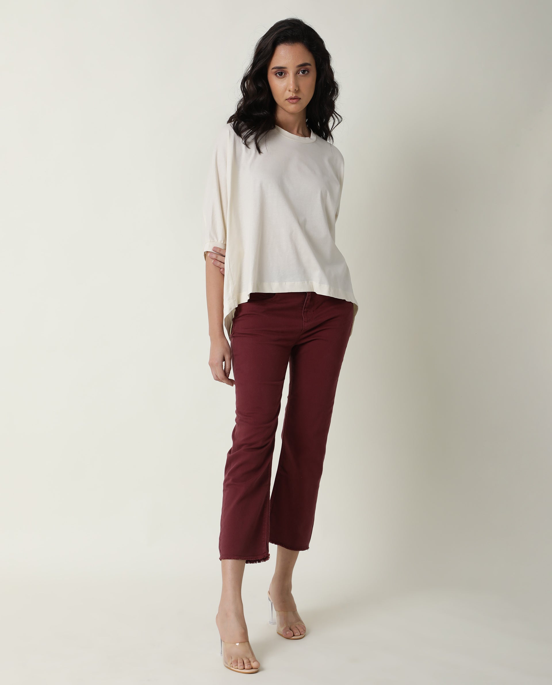 Rareism Women's Osmo Offwhite Cotton Crew Neck Plain Relaxed Fit Top
