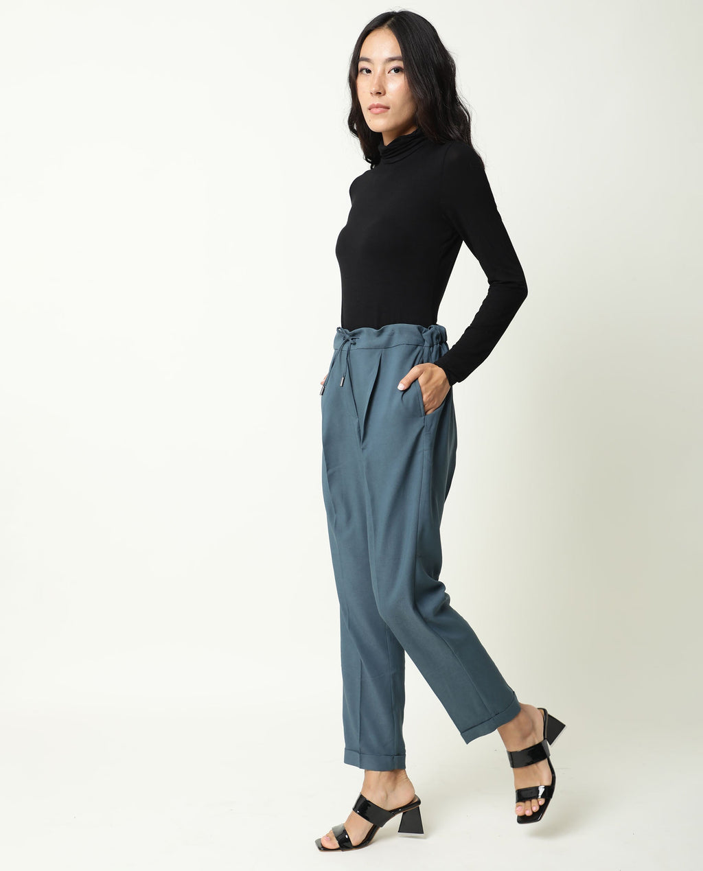 Rareism Women's Jeremiah Petrol Polyester Blend Plain Ankle Length Tailored Trouser
