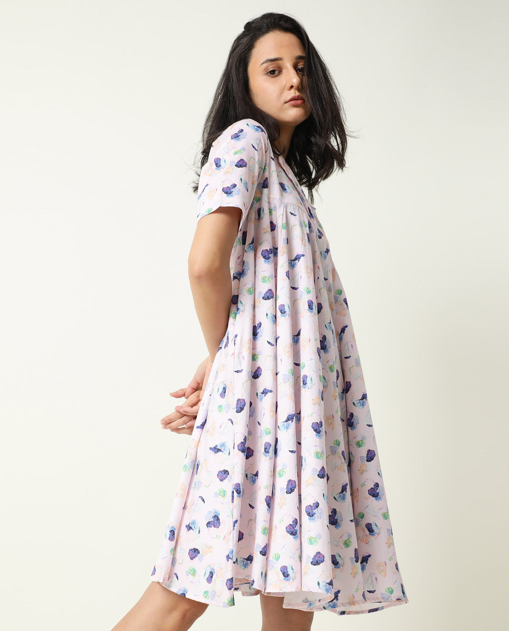 Rareism Women's Allia Pink Lapel Neck Floral Print Knee Length Regular Fit Dress