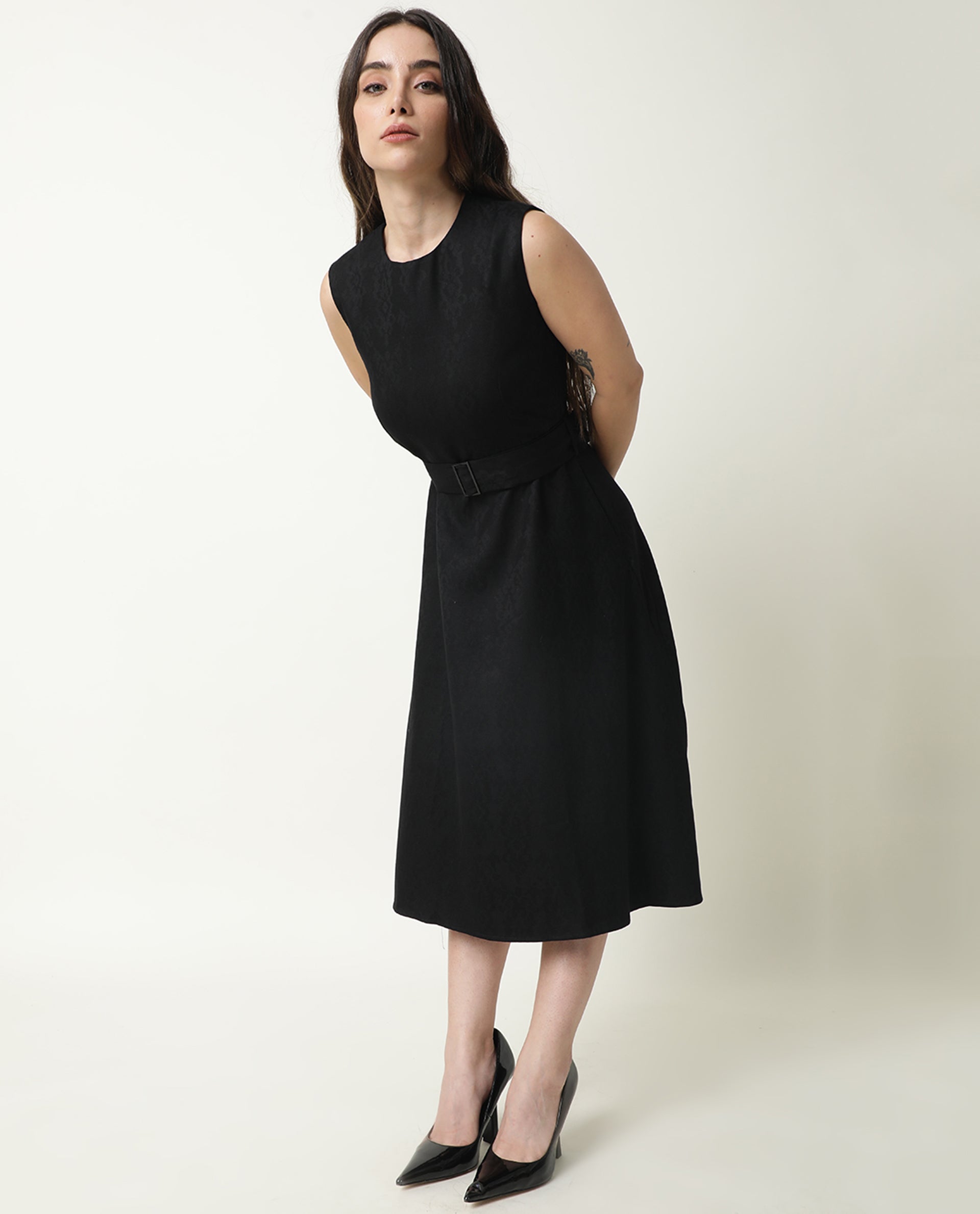 Rareism Women's Lacau Black Polyester Crew Neck Plain Sleeveless Midi Flared Dress