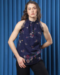 Rareism Women's Delins Blue Polyester High Neck Floral Print Sleeveless Regular Fit Top