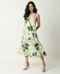 Rareism Women's Etana Offwhite Viscose V-Neck Floral Print Shoulder Strap Knee Length Regular Fit Dress