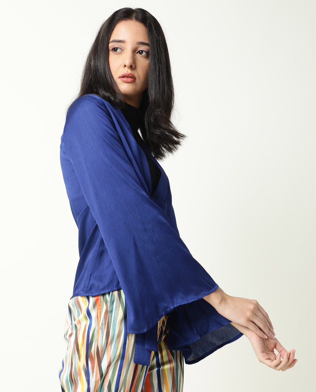 Rareism Women's Cuff Blue Polyester Shawl Neck Regular Fit Outer Wear