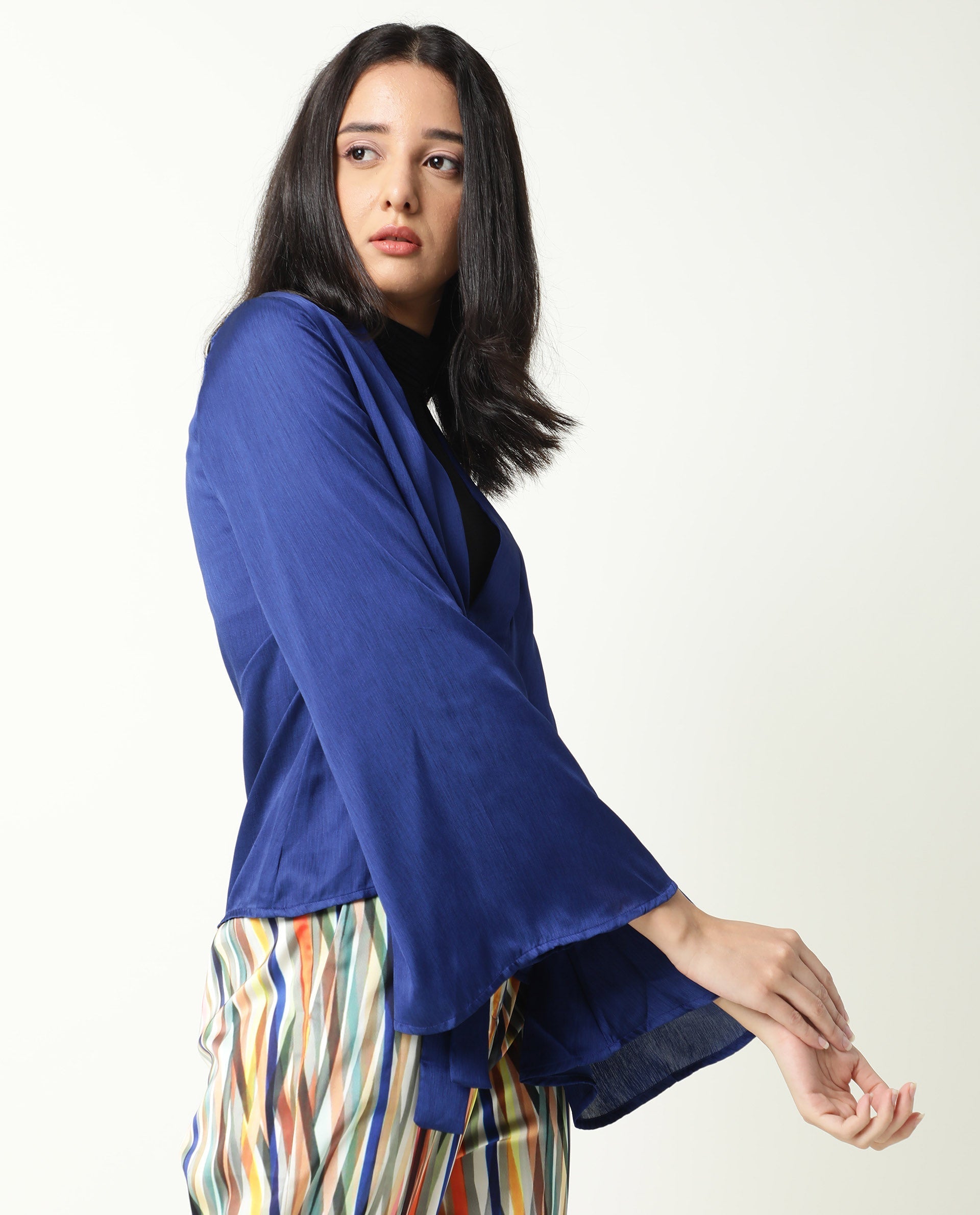Rareism Women's Cuff Blue Polyester Shawl Neck Regular Fit Outer Wear