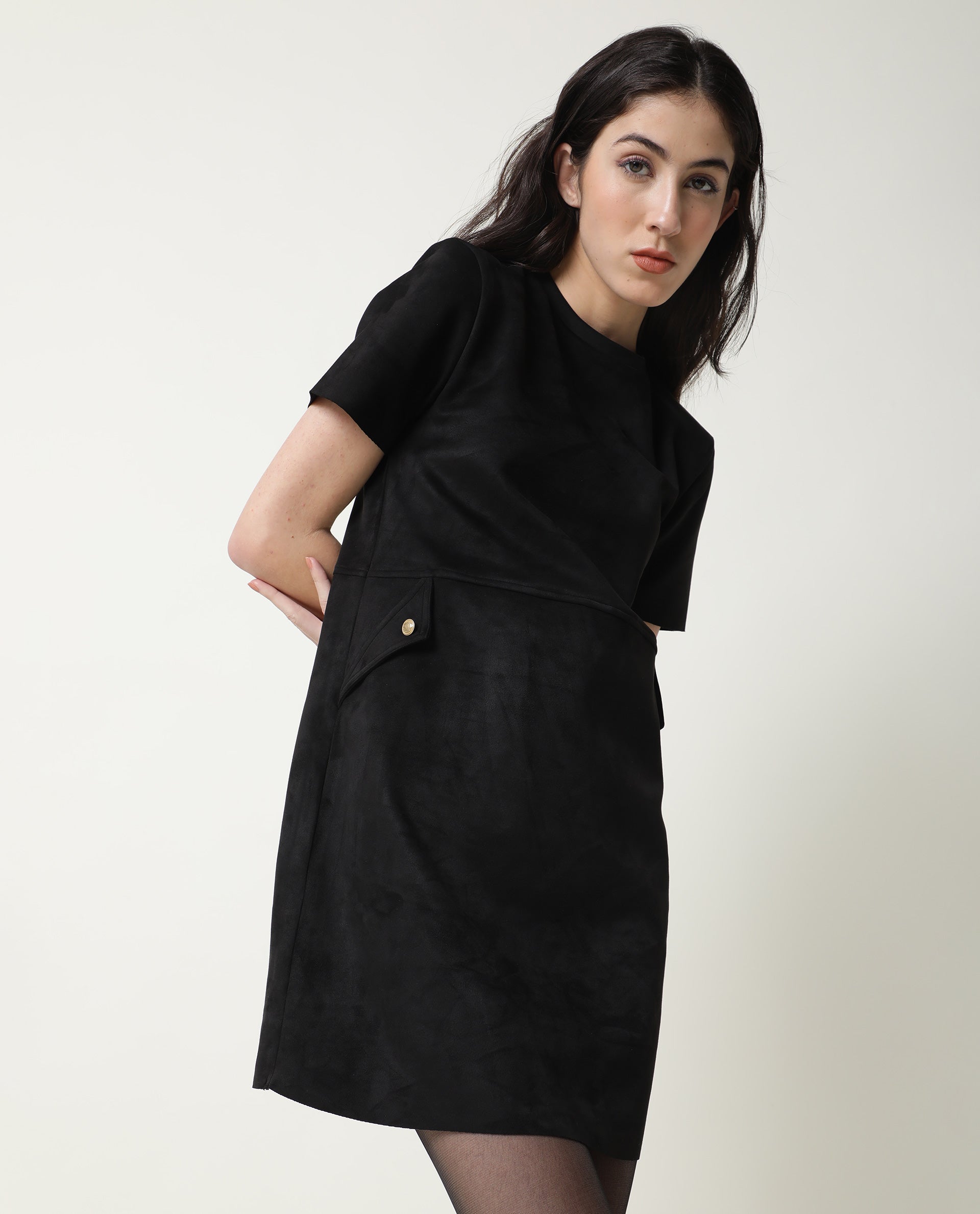 Rareism Women's Sions Black Crew Neck Plain Knee Length Tailored Dress