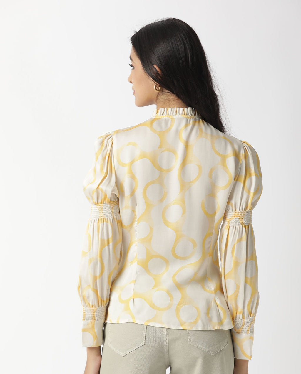 Rareism Women's Emm Offwhite Modal Blend Sweetheart Neck Printed Ruffled Sleeve Slim Fit Top