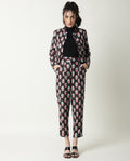 Rareism Women's Knicks Black Cotton Geometric Print Ankle Length Tailored Trouser