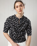 Rareism Women's Jack Black Cotton Tie-Up Neck Floral Print Volume Sleeve Relaxed Fit Top