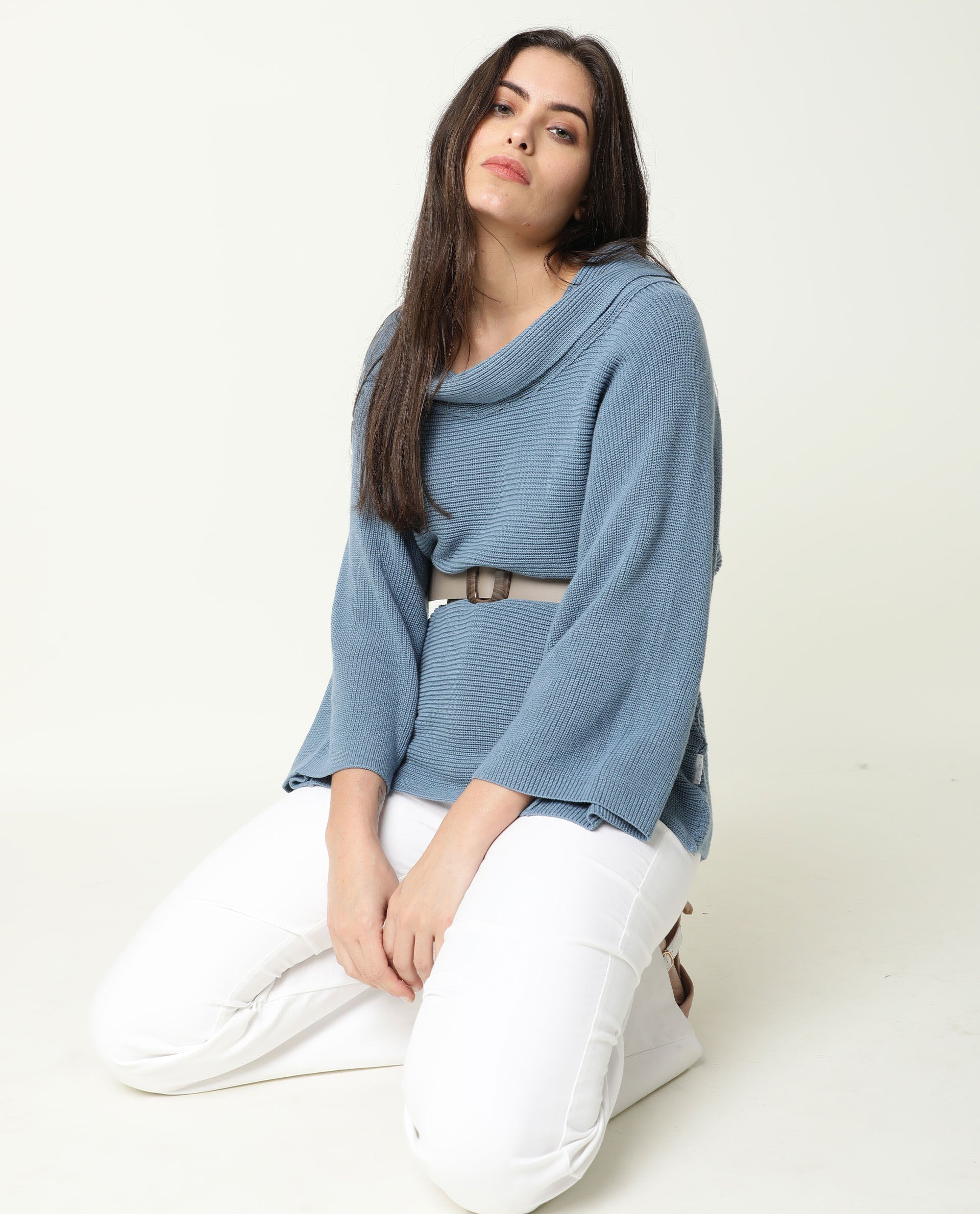 Rareism Women's Cleo Blue Cowl Neck Plain Relaxed Fit Sweater