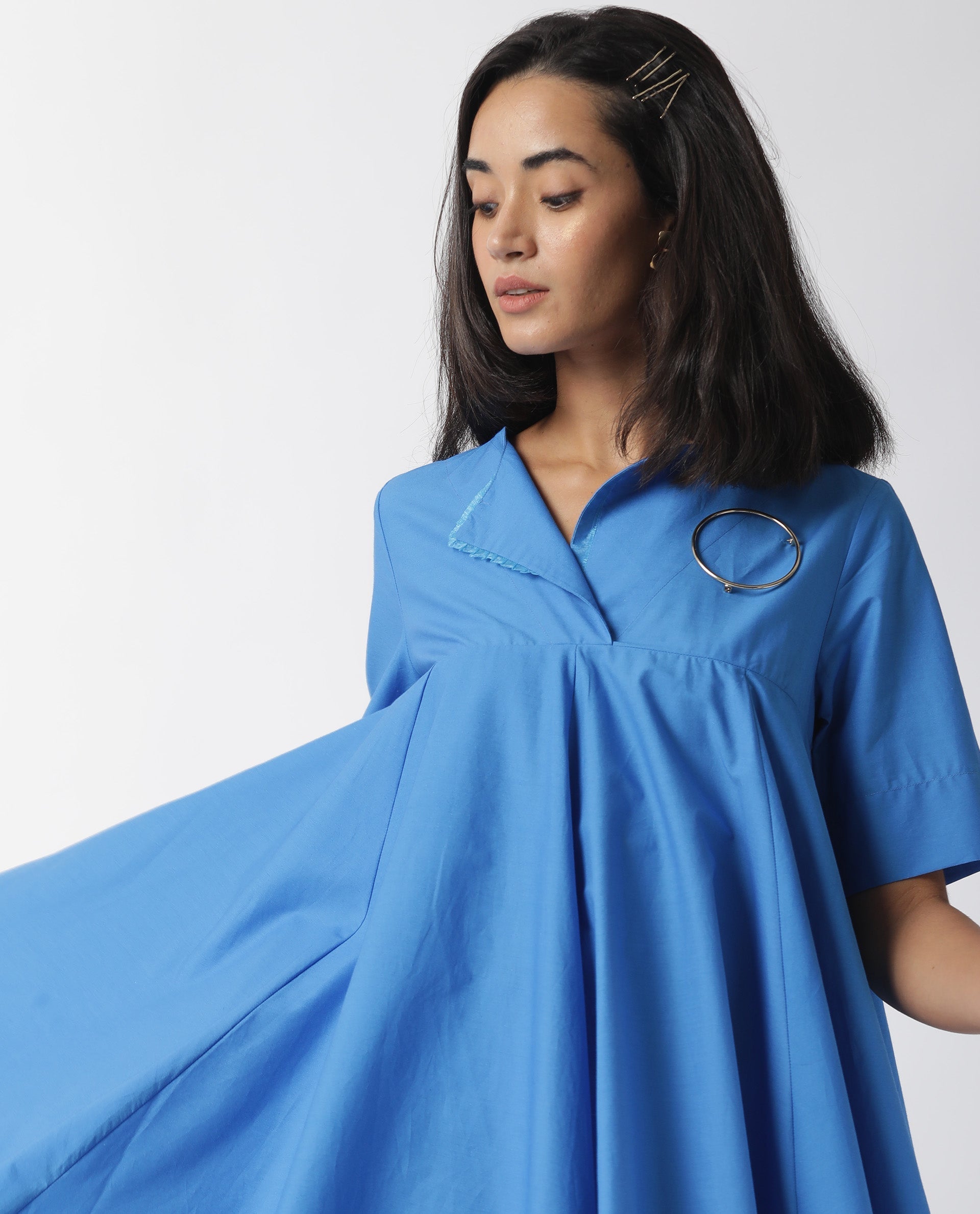 Rareism Women's Array Blue Cotton Lapel Neck Plain Knee Length Relaxed Fit Dress