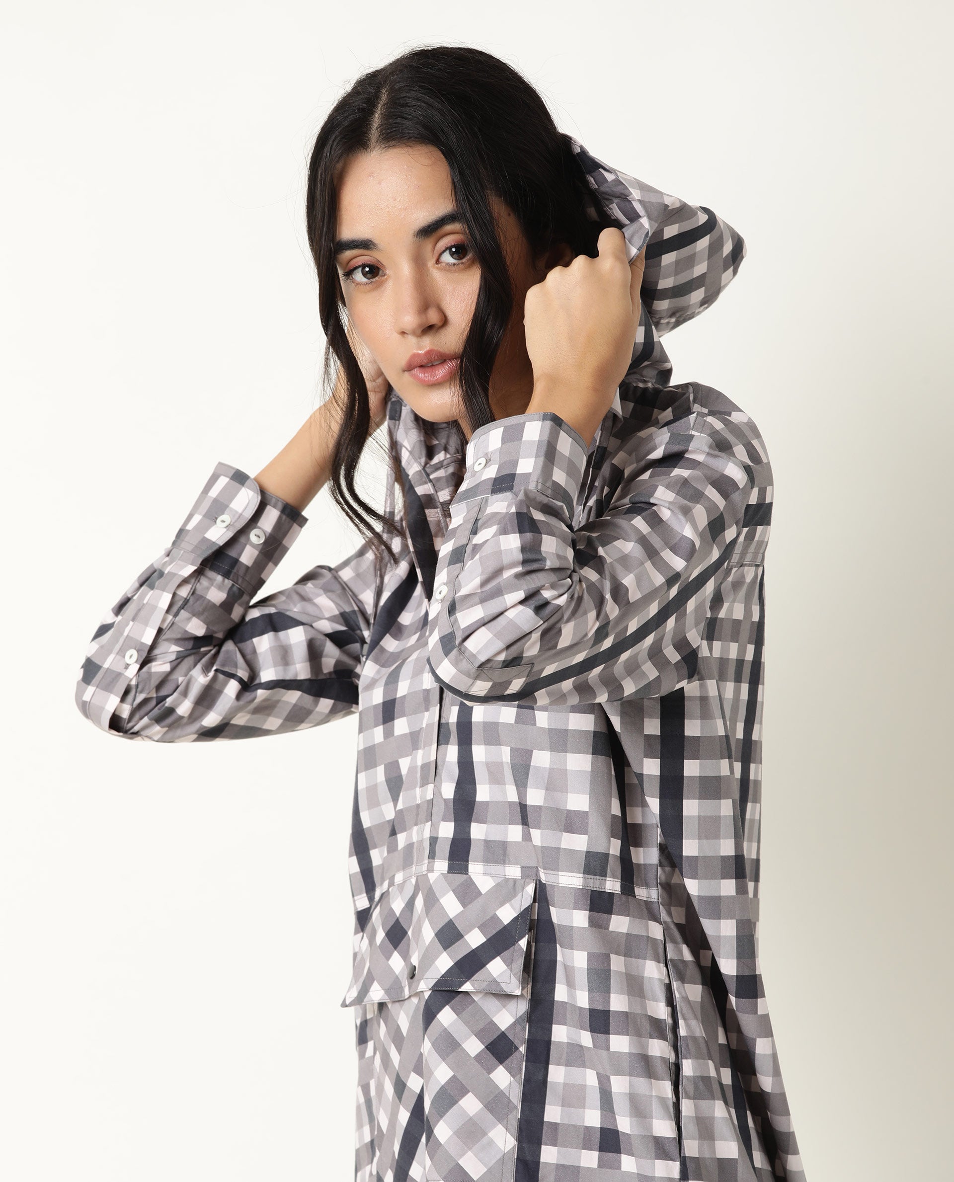 Rareism Women's Loreal Grey Hooded Checked Knee Length Regular Fit Dress