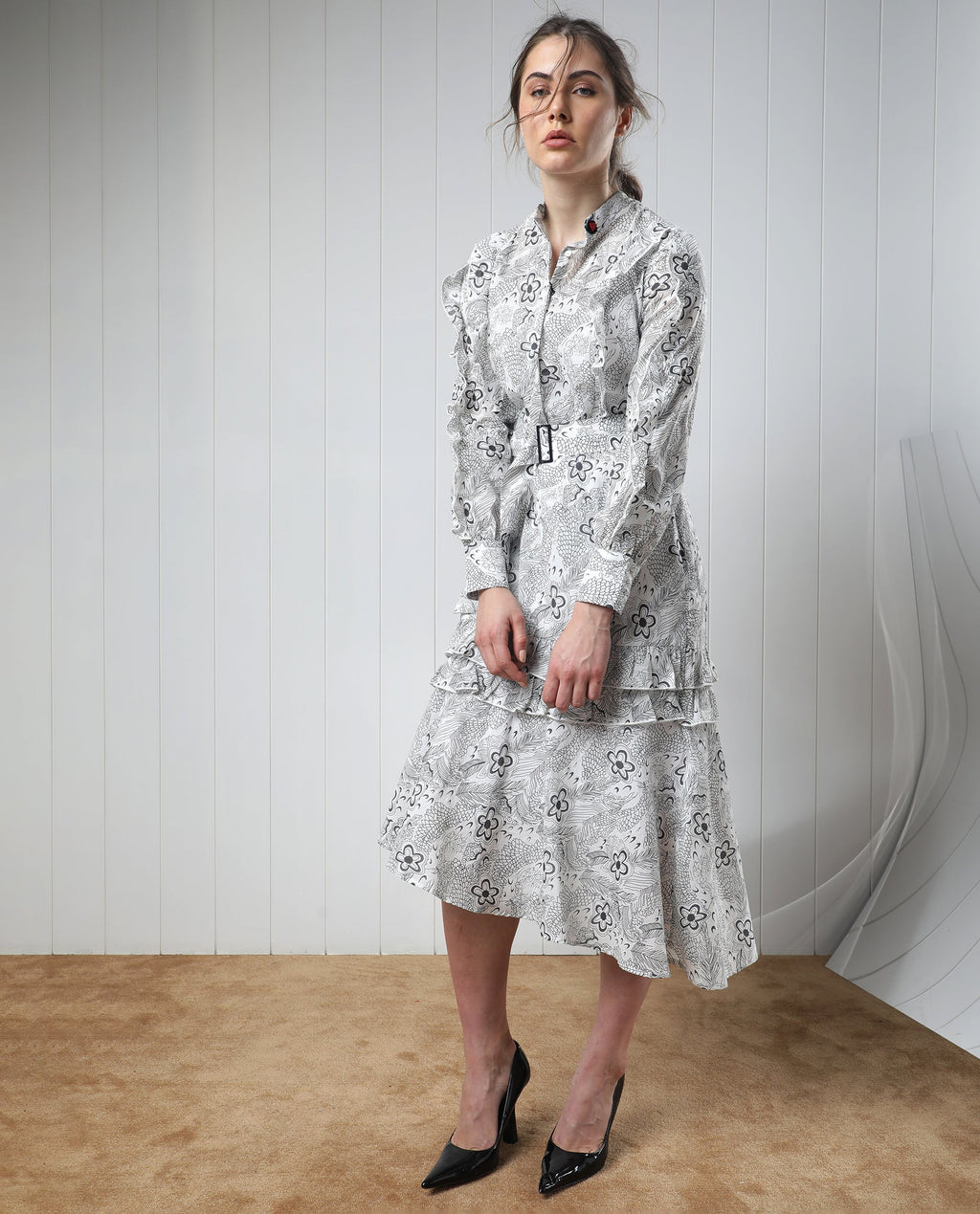 Rareism Women's Roose White Cotton Mandarin Collar Floral Print Knee Length Regular Fit Dress