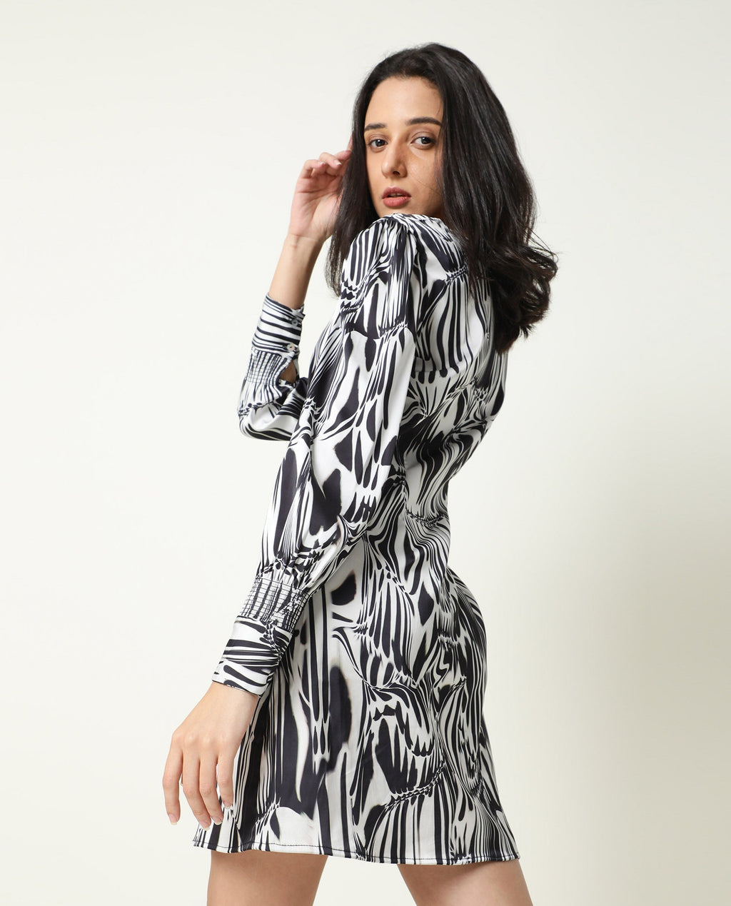 Rareism Women Fold Black Abstract Print Band Collar 3/4 Sleeves With Cuff Mini Dress