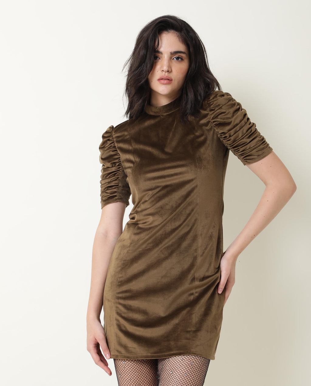 Rareism Women's Winey Olive High Neck Plain Knee Length Regular Fit Dress