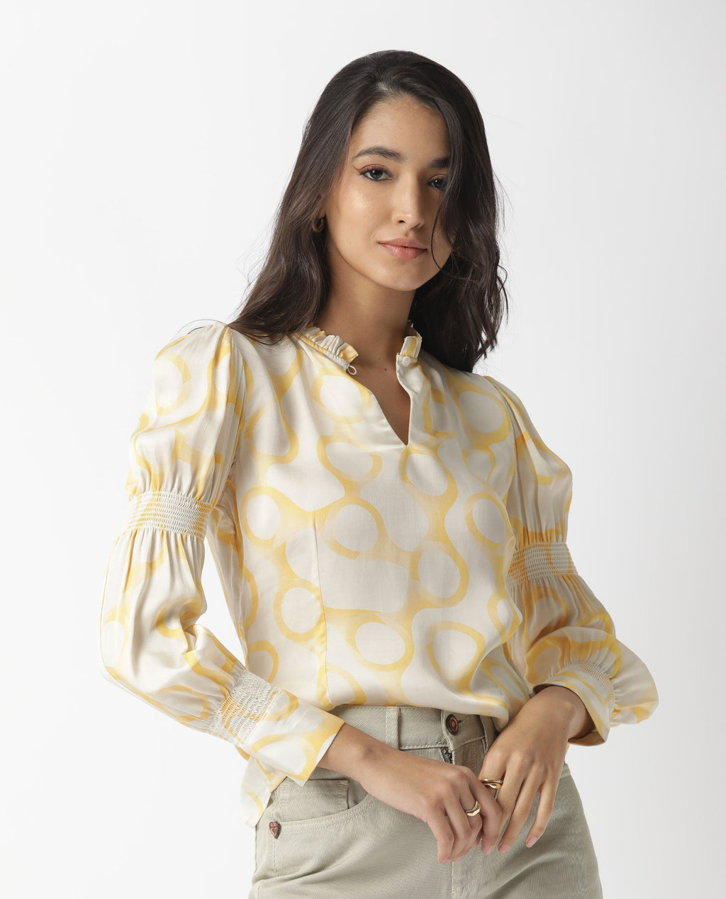Rareism Women's Emm Offwhite Modal Blend Sweetheart Neck Printed Ruffled Sleeve Slim Fit Top