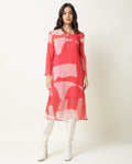 Rareism Women's Benett Pink V-Neck Abstract Print Knee Length Regular Fit Dress
