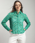 Rareism Women's Olivia Green Spread Collar Schiffli Knee Length Regular Fit Top