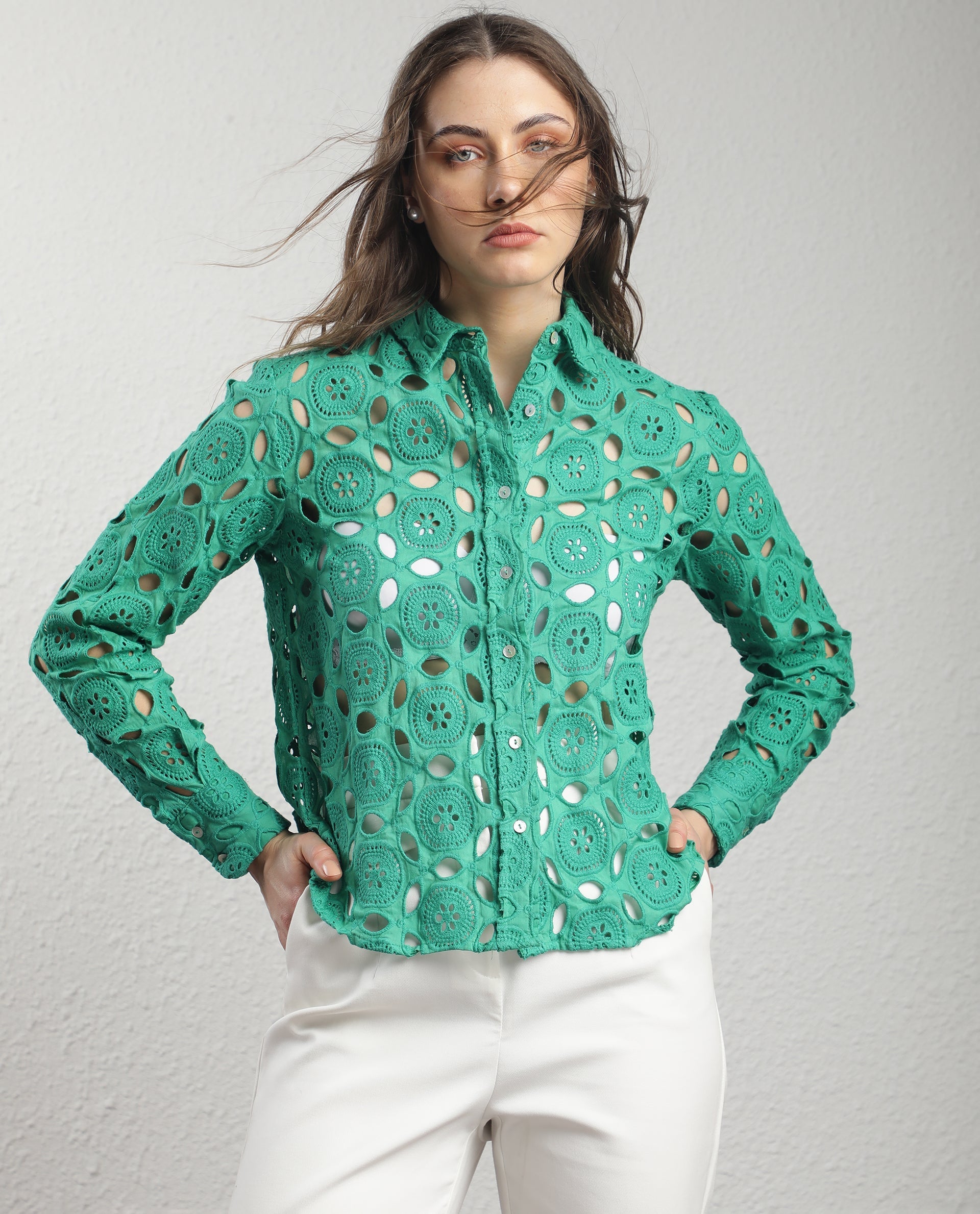 Rareism Women's Olivia Green Spread Collar Schiffli Knee Length Regular Fit Top