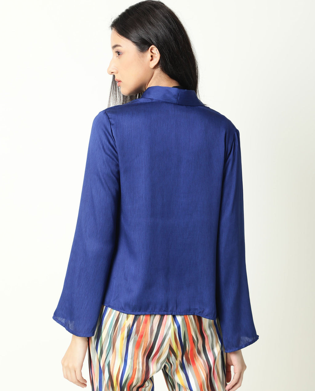Rareism Women's Cuff Blue Polyester Shawl Neck Regular Fit Outer Wear