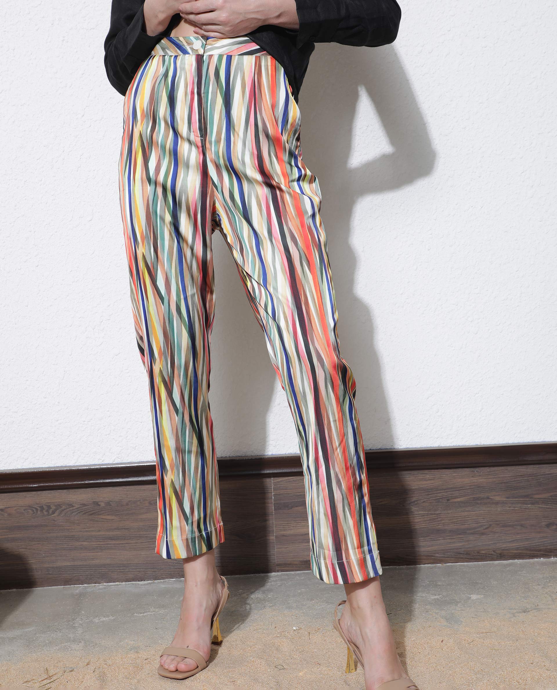 Rareism Women's Ransom Multi Modal Striped Ankle Length Tailored Trouser