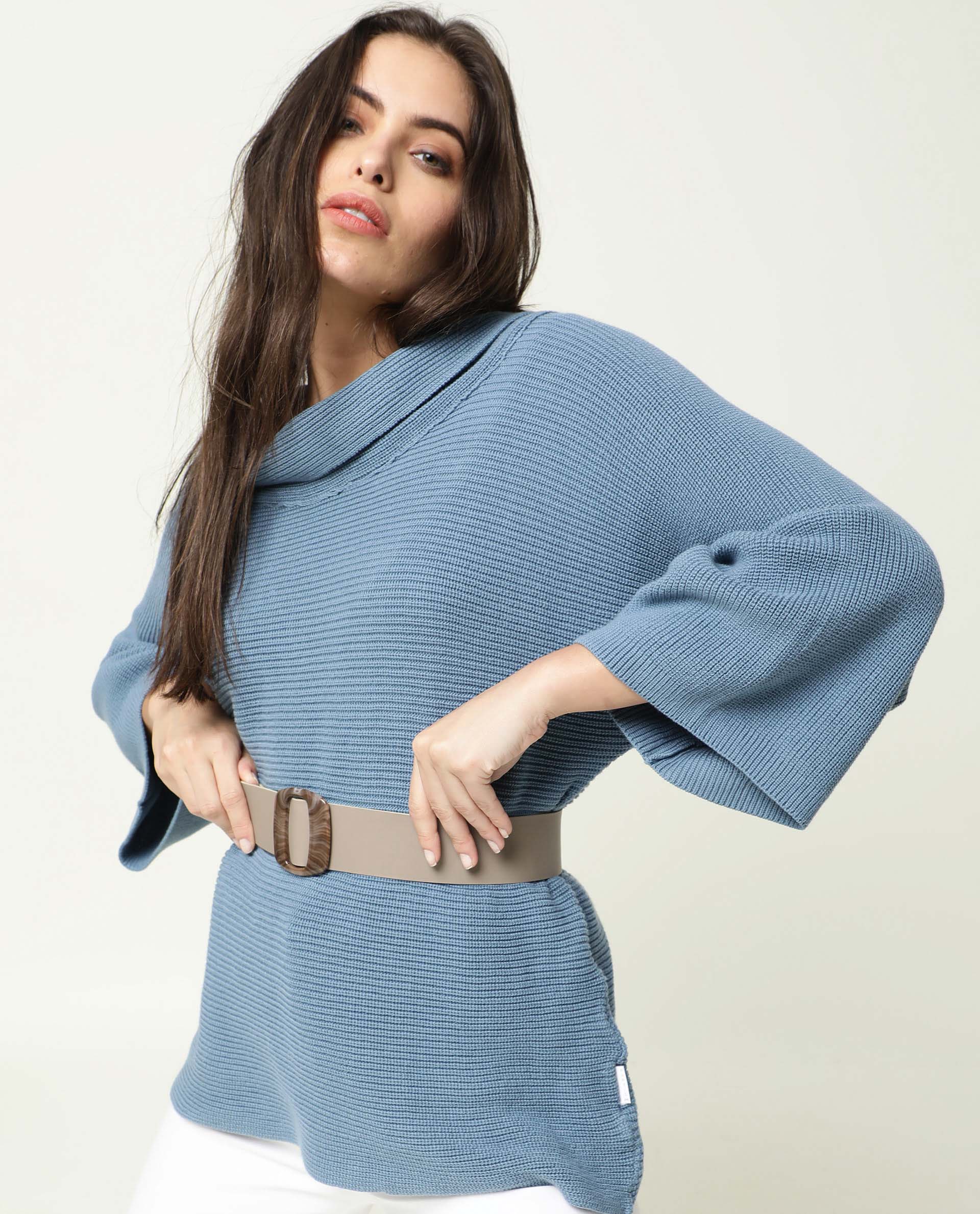 Rareism Women's Cleo Blue Cowl Neck Plain Relaxed Fit Sweater