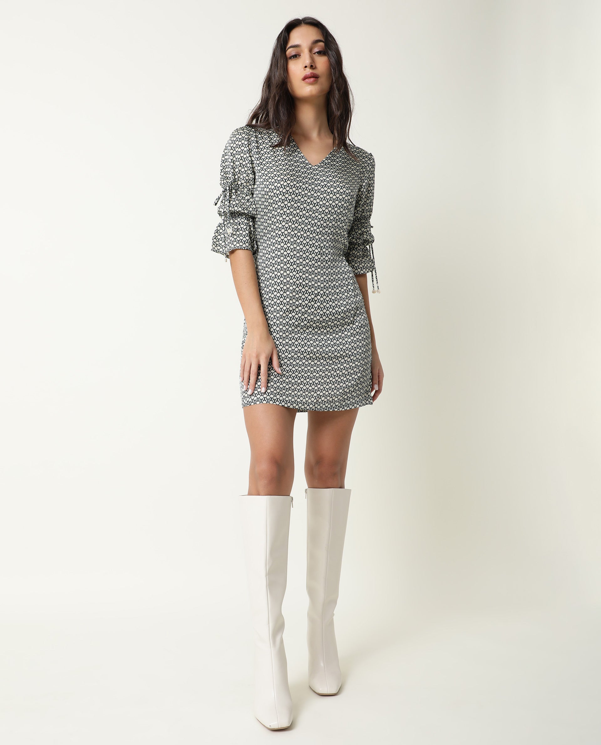 Rareism Women's Cecilia Beige V-Neck Geometric Print Knee Length Regular Fit Dress