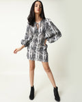Rareism Women's Ragi Black Cotton Tie-Up Neck Abstract Print Volume Sleeve Mini Regular Fit Dress
