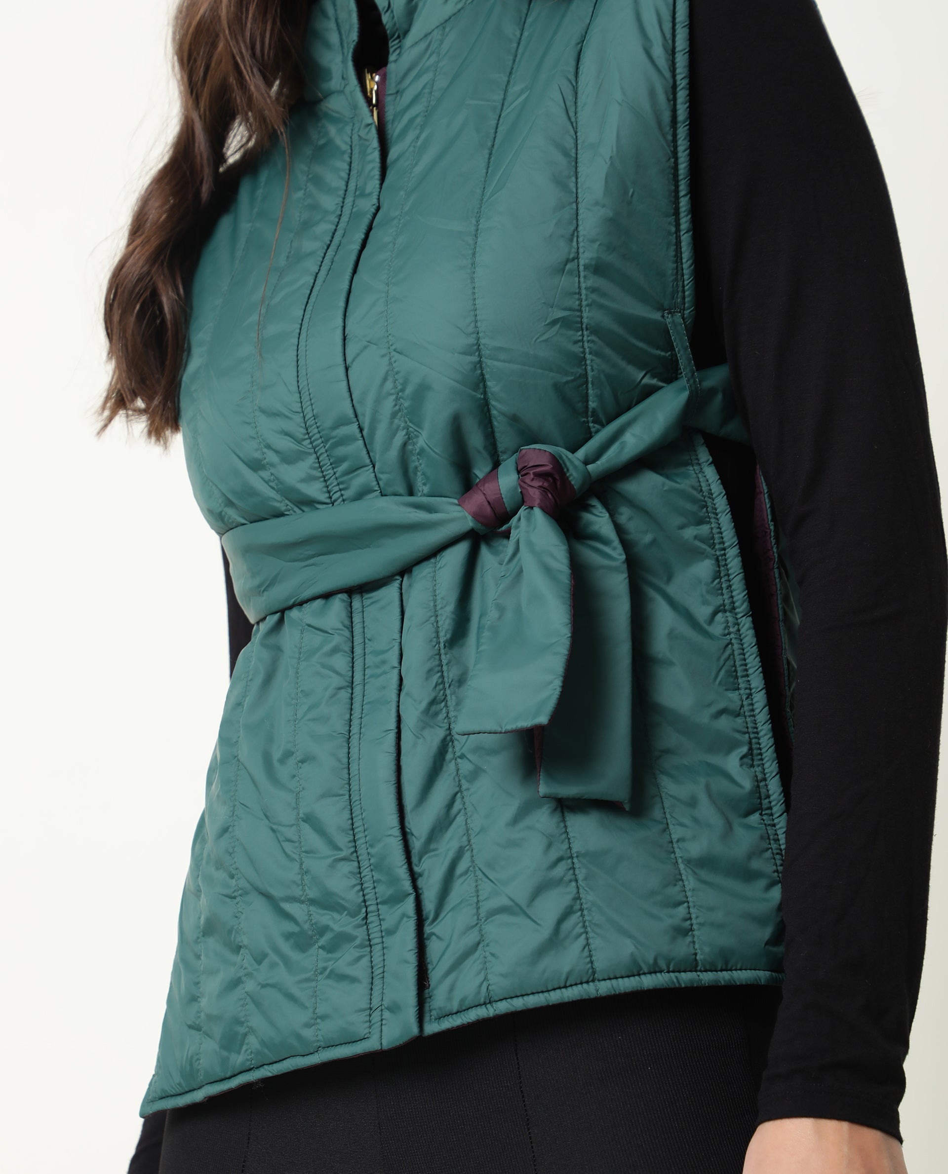 Rareism Women's Aurora Green Polyester High Neck Plain Sleeveless Regular Fit Jacket