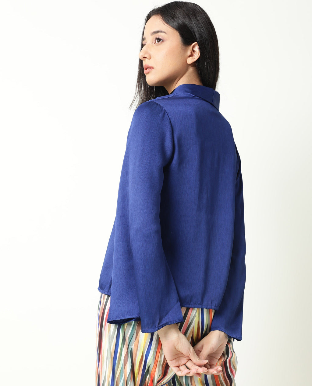Rareism Women's Cuff Blue Polyester Shawl Neck Regular Fit Outer Wear