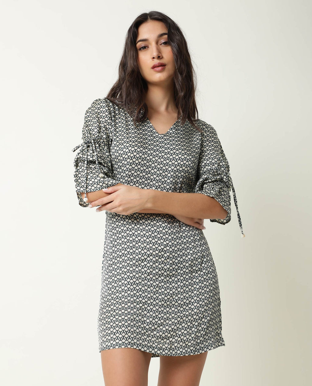 Rareism Women's Cecilia Beige V-Neck Geometric Print Knee Length Regular Fit Dress