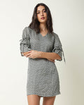 Rareism Women's Cecilia Beige V-Neck Geometric Print Knee Length Regular Fit Dress