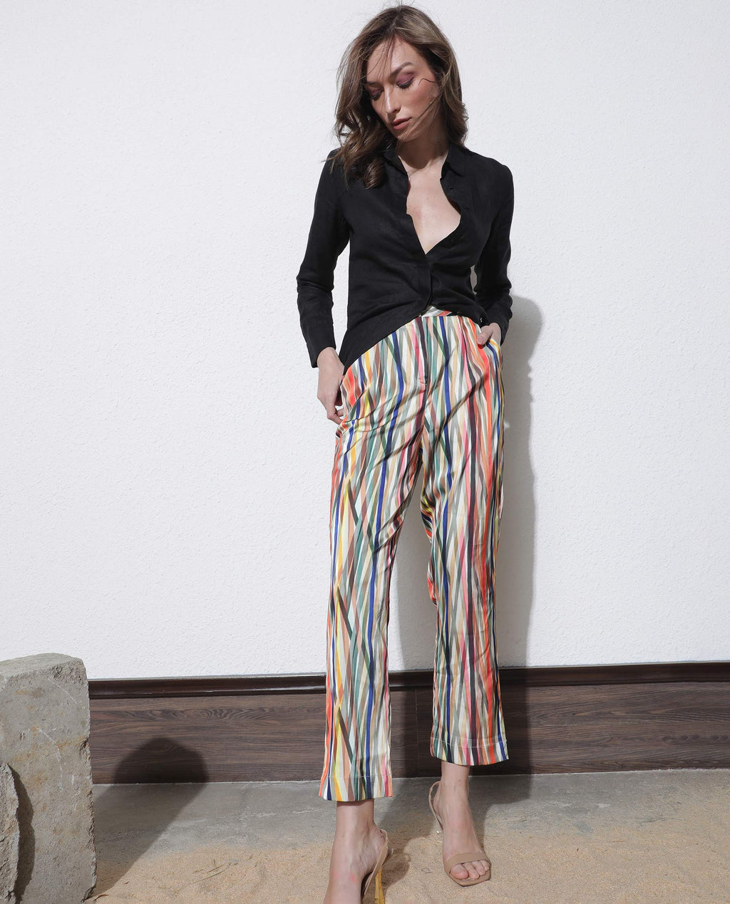 Rareism Women's Ransom Multi Modal Striped Ankle Length Tailored Trouser