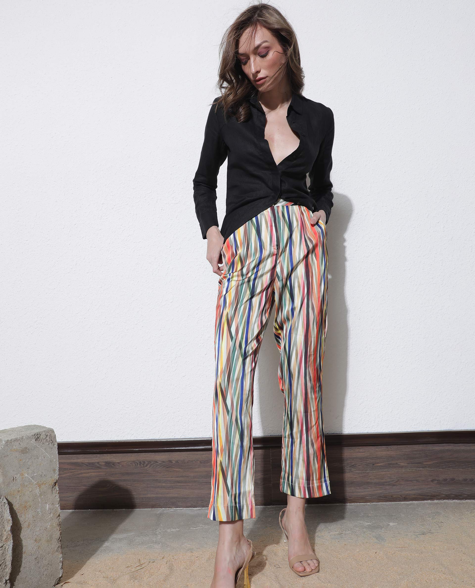 Rareism Women's Ransom Multi Modal Striped Ankle Length Tailored Trouser