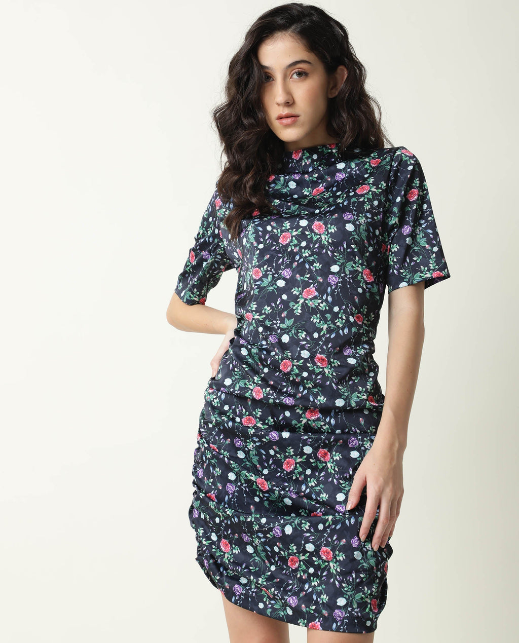 Rareism Women's John Navy Modal High Neck Floral Print Knee Length Regular Fit Dress