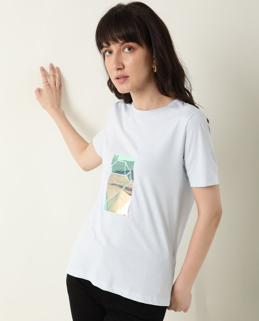Rareism Women's Gulf Blue Cotton Crew Neck Graphic Print Regular Fit T-Shirt