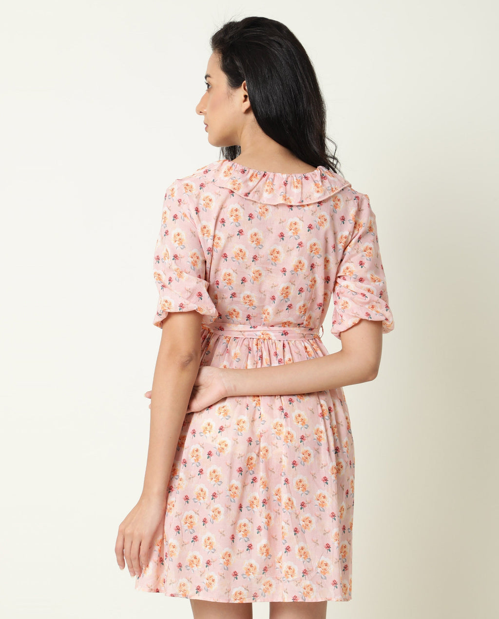 Rareism Women's Verna Pink Cotton V-Neck Floral Print Balloon Sleeve Knee Length Regular Fit Dress