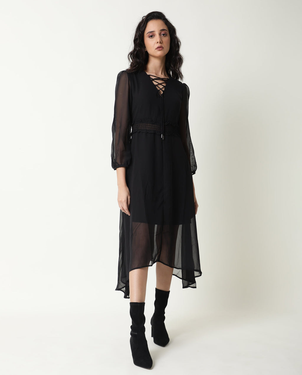 Rareism Women's Ommet Black V-Neck Plain Knee Length Regular Fit Dress