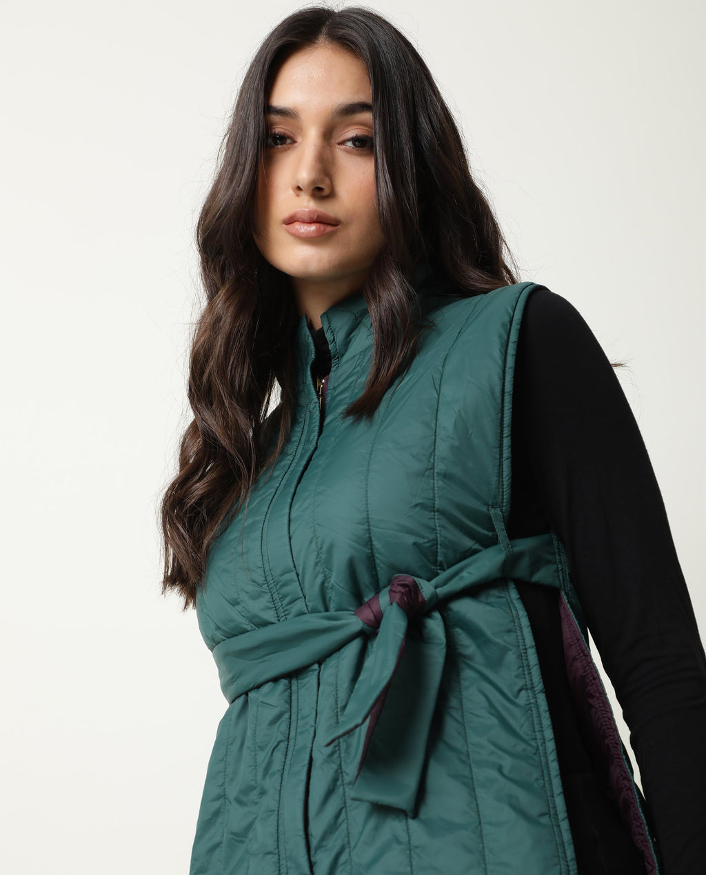 Rareism Women's Aurora Green Polyester High Neck Plain Sleeveless Regular Fit Jacket
