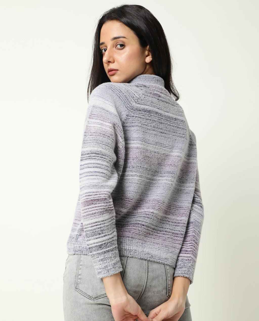Rareism Women's Rosalva Grey Nylon High Neck Ombre Knee Length Regular Fit Sweater