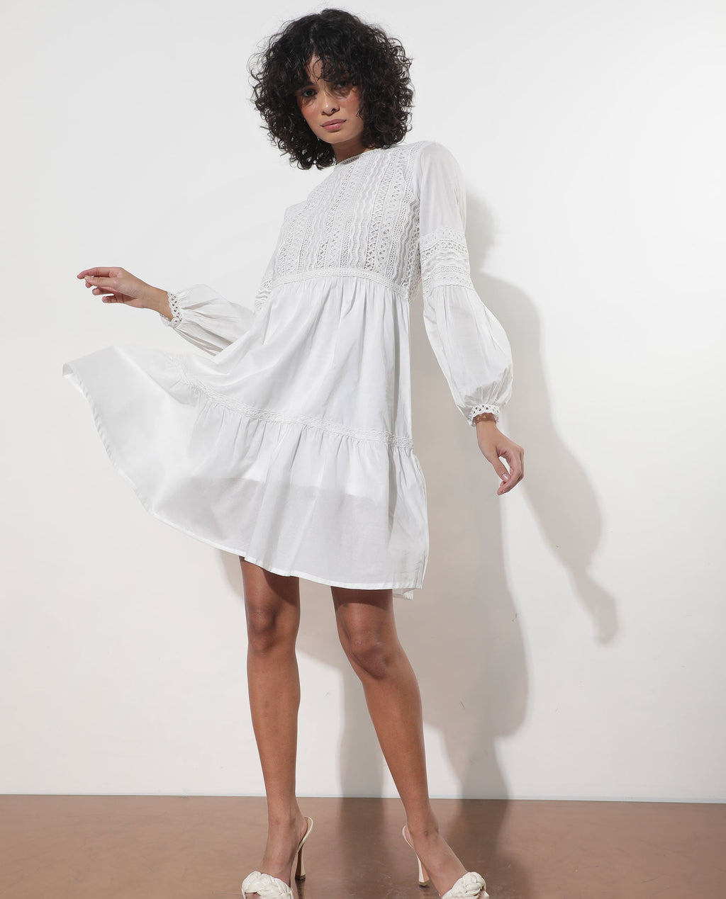 Rareism Women's Darmini White Cotton Crew Neck Plain Puff Sleeves Knee Length Relaxed Fit Dress