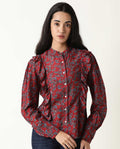 Rareism Women's Pumpkin Maroon Mandarin Collar Embroidered Regular Fit Top