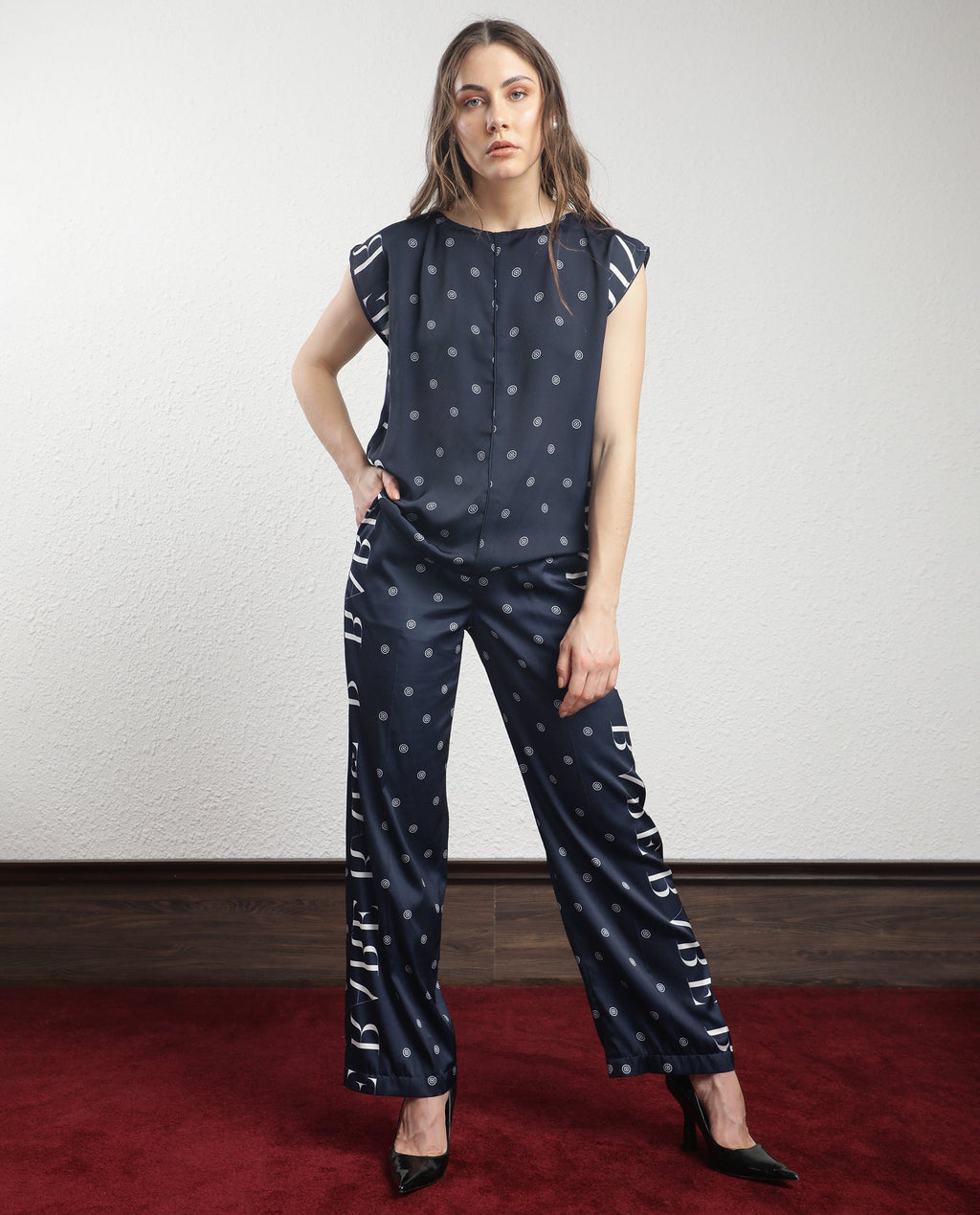 Rareism Women's Adelie Navy Polyester Polka Print Ankle Length Tailored Trouser