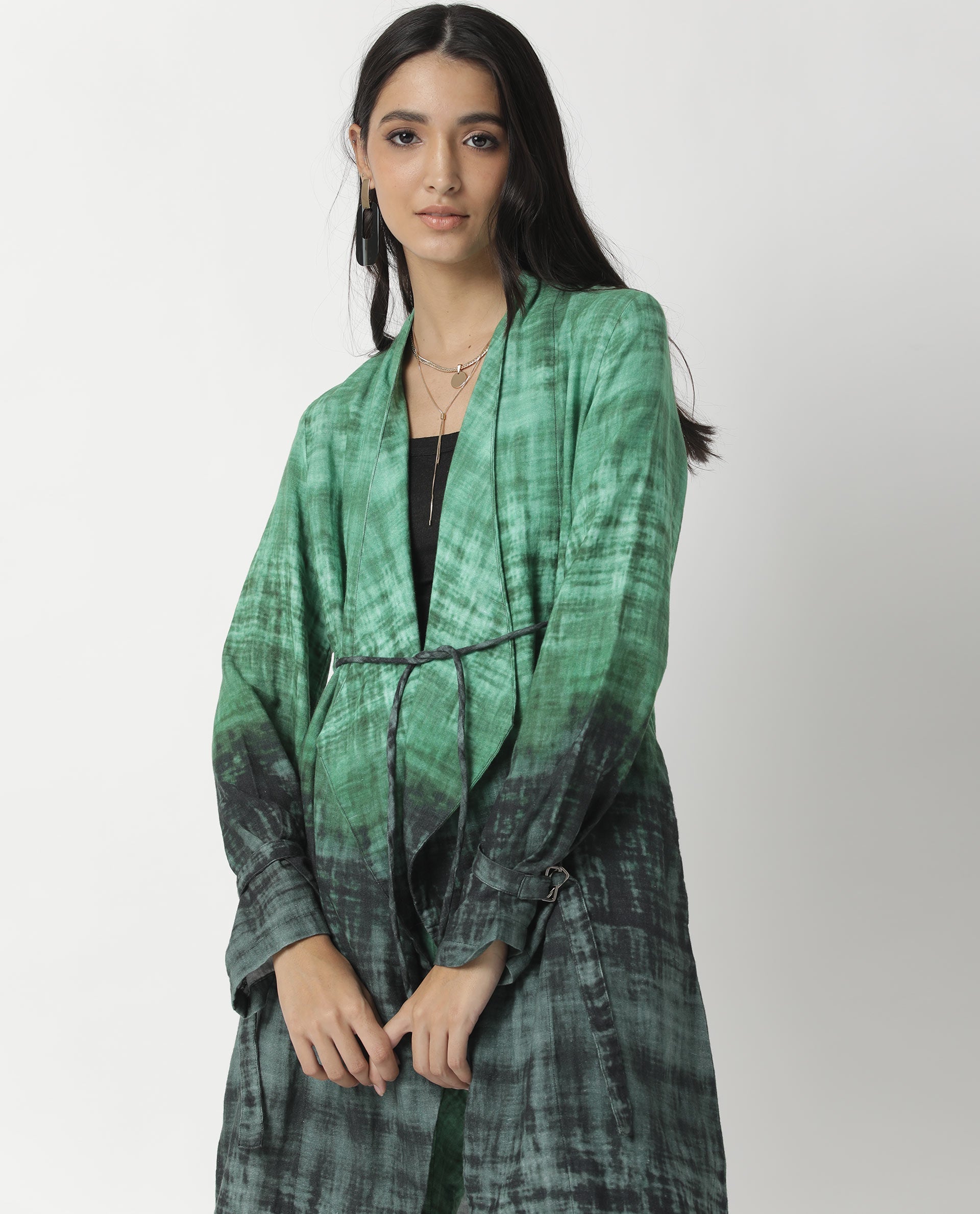 Rareism Women's Boss Green Cotton Collarless Regular Fit Outer Wear