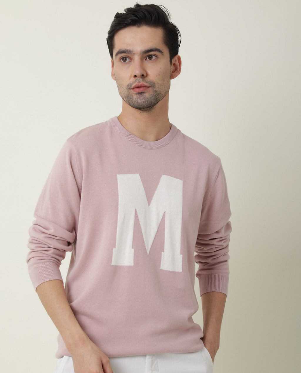 Rare Rabbit Men's Avitt Pink Cotton Jacquard Regular Fit Full Sleeve Crew Neck Sweater